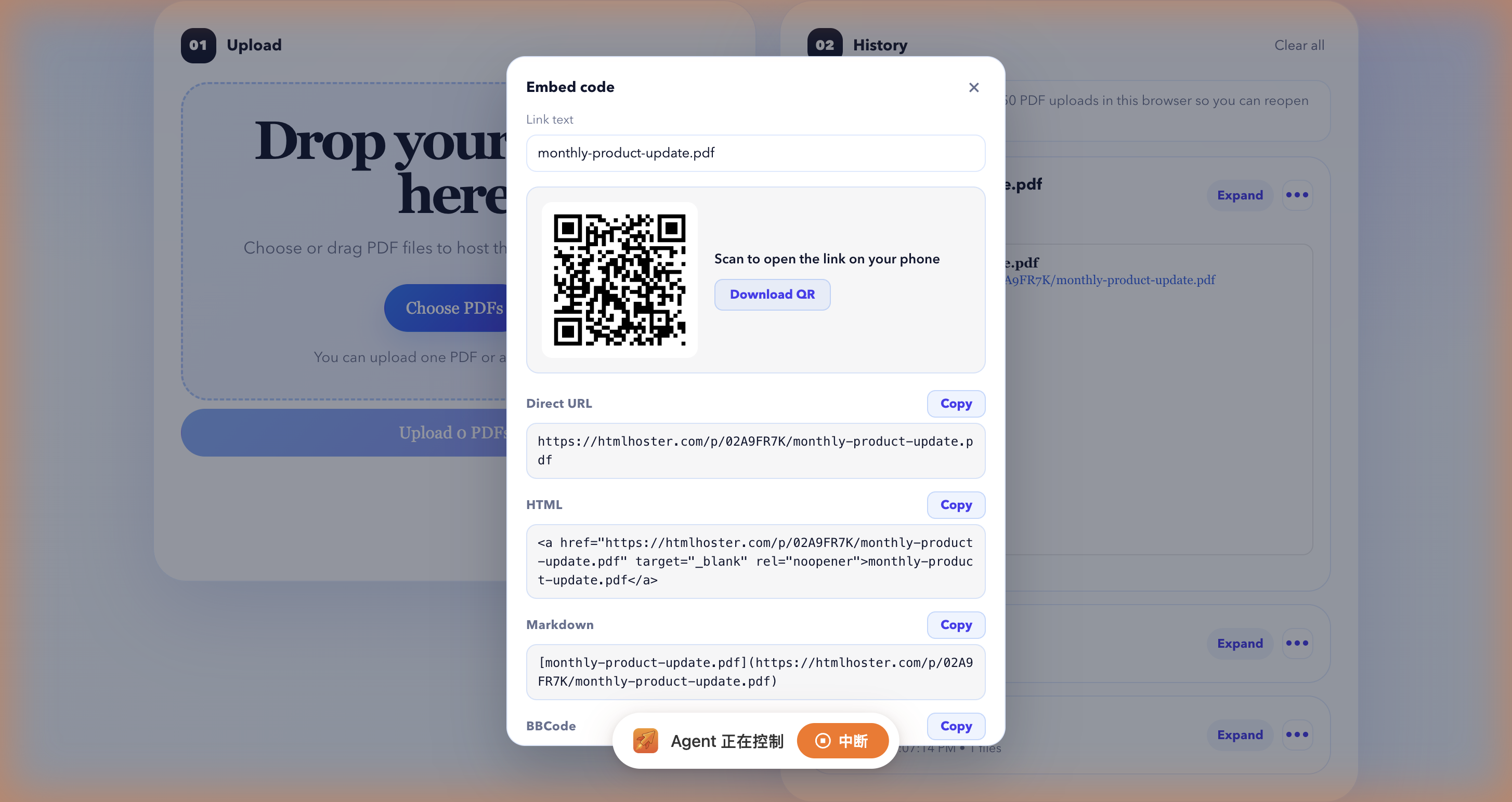 The Embed code panel with all four formats