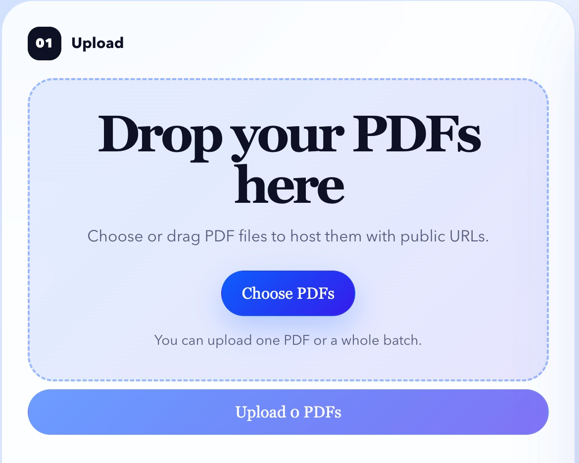 The PDF to Link upload area